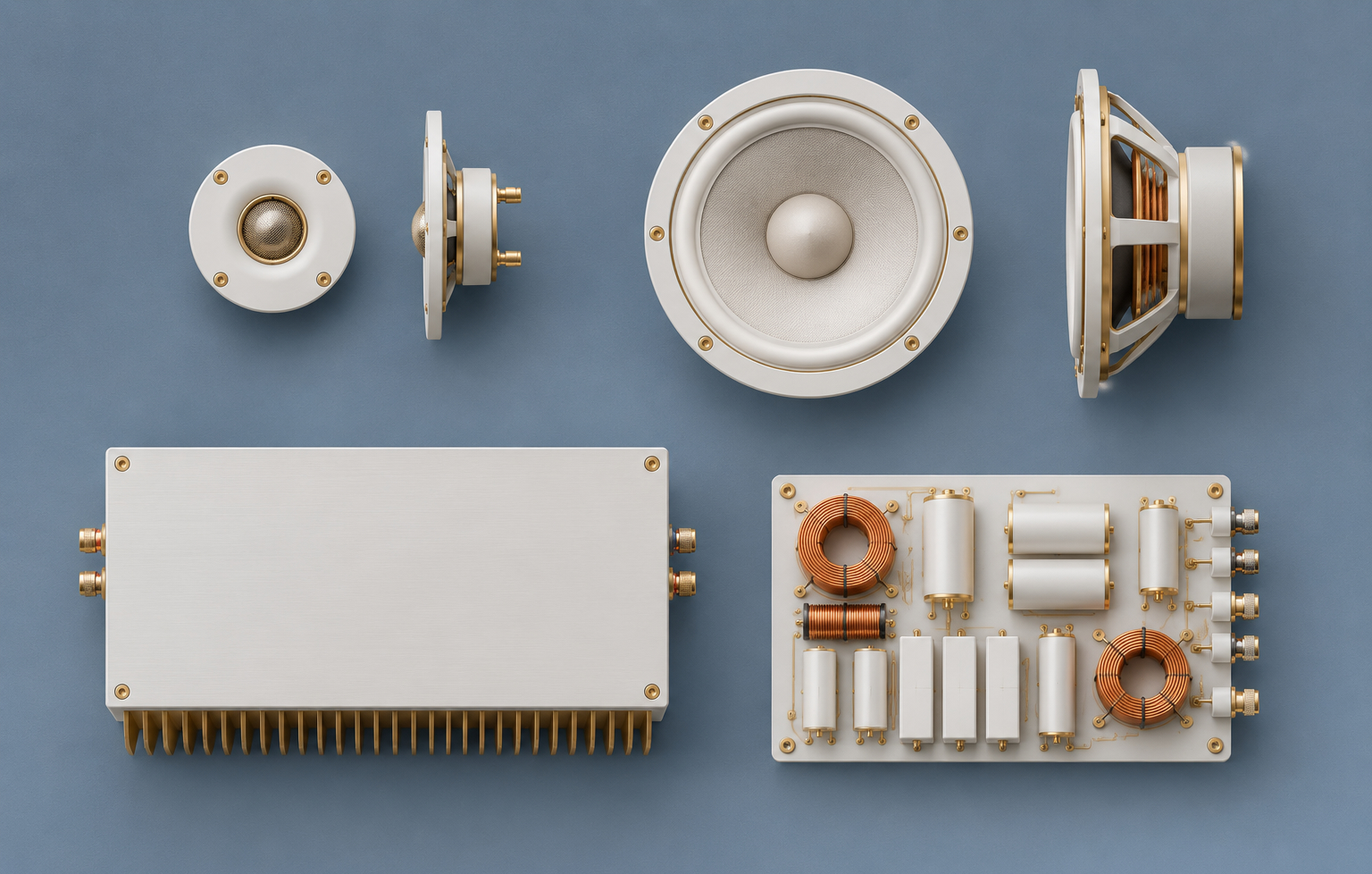 The speaker's components laid out on a light surface: tweeter, midrange driver, amplifier and crossover in white and brass